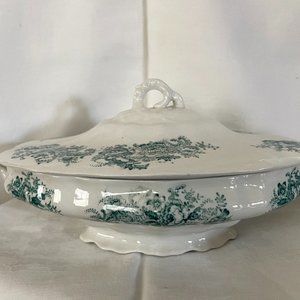 Vintage Green Transferware Covered Vegetable Bowl